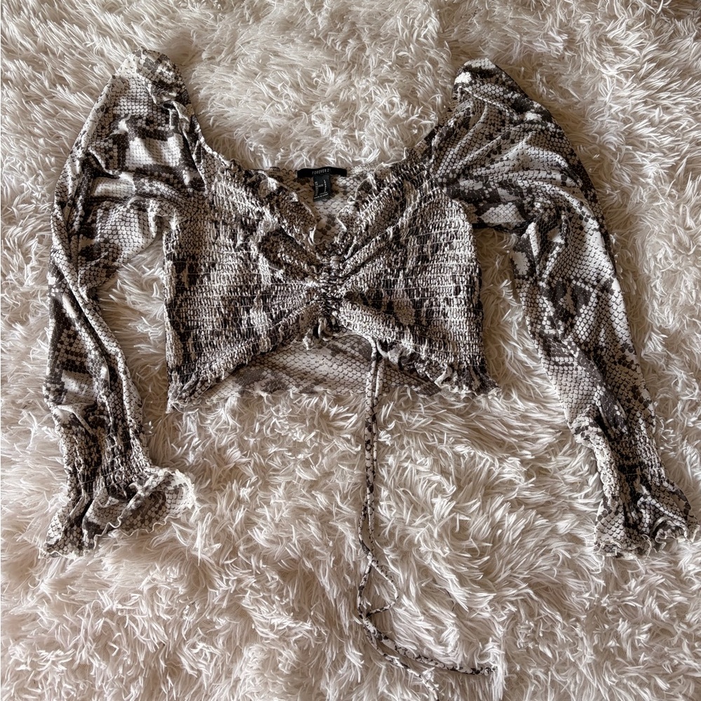 Forever 21 Snake Print Smocked Long-Sleeve Crop Top - Brown/Black